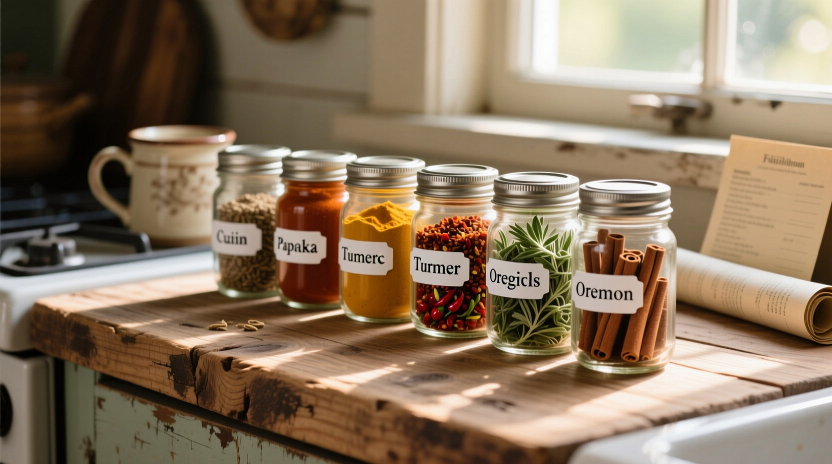 Essential spice jars arranged on wooden kitchen counter