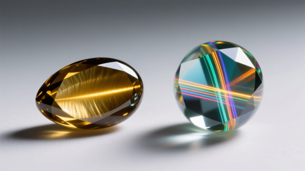 Macro comparison of a natural chrysoberyl cat eye gem and a synthetic fiber optic glass bead under bright directional LED lighting
