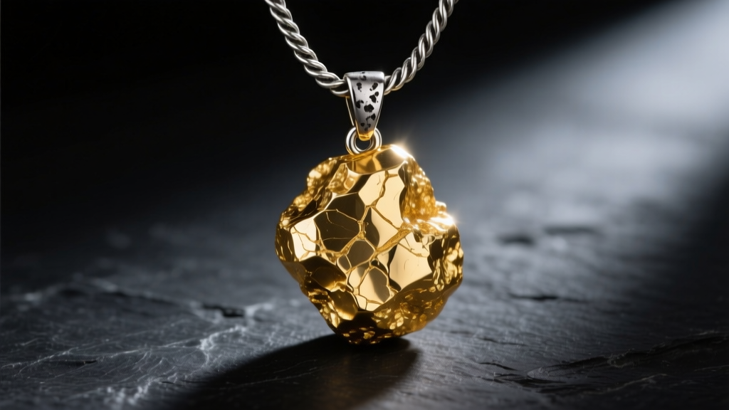 Raw gold placer nugget pendant on an oxidized silver rope chain, lit by focused studio lighting against a dark slate background.