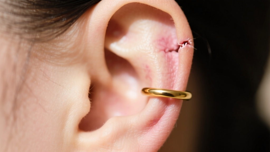 Close-up side view of an ear displaying an 8mm gold seamless hoop hugging a healed helix cartilage piercing without pinching skin.