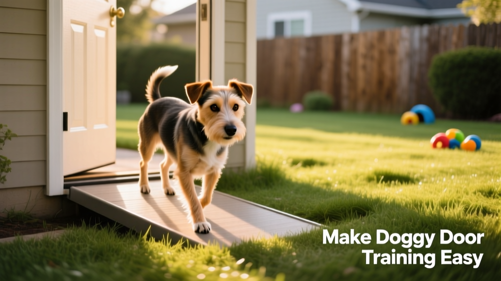 A young terrier mix stepping confidently through a low-profile pet door onto grass, with a small ramp visible beneath