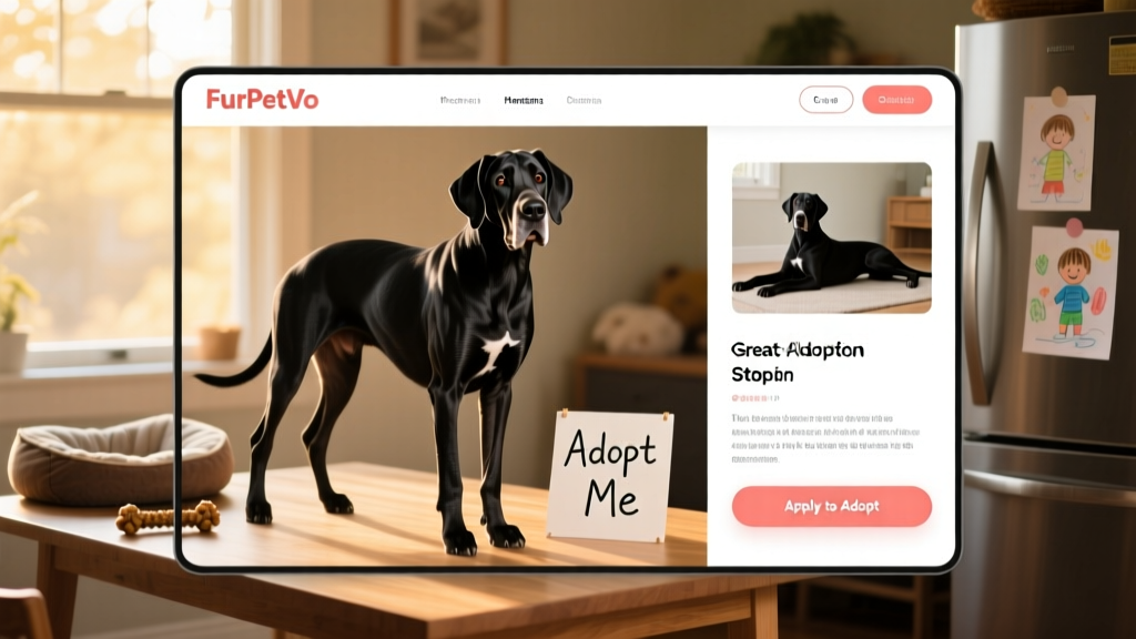 Screenshot-style image showing a FurPetVo listing page for a Great Dane, with clear photos, bio, and 'Apply to Adopt' button