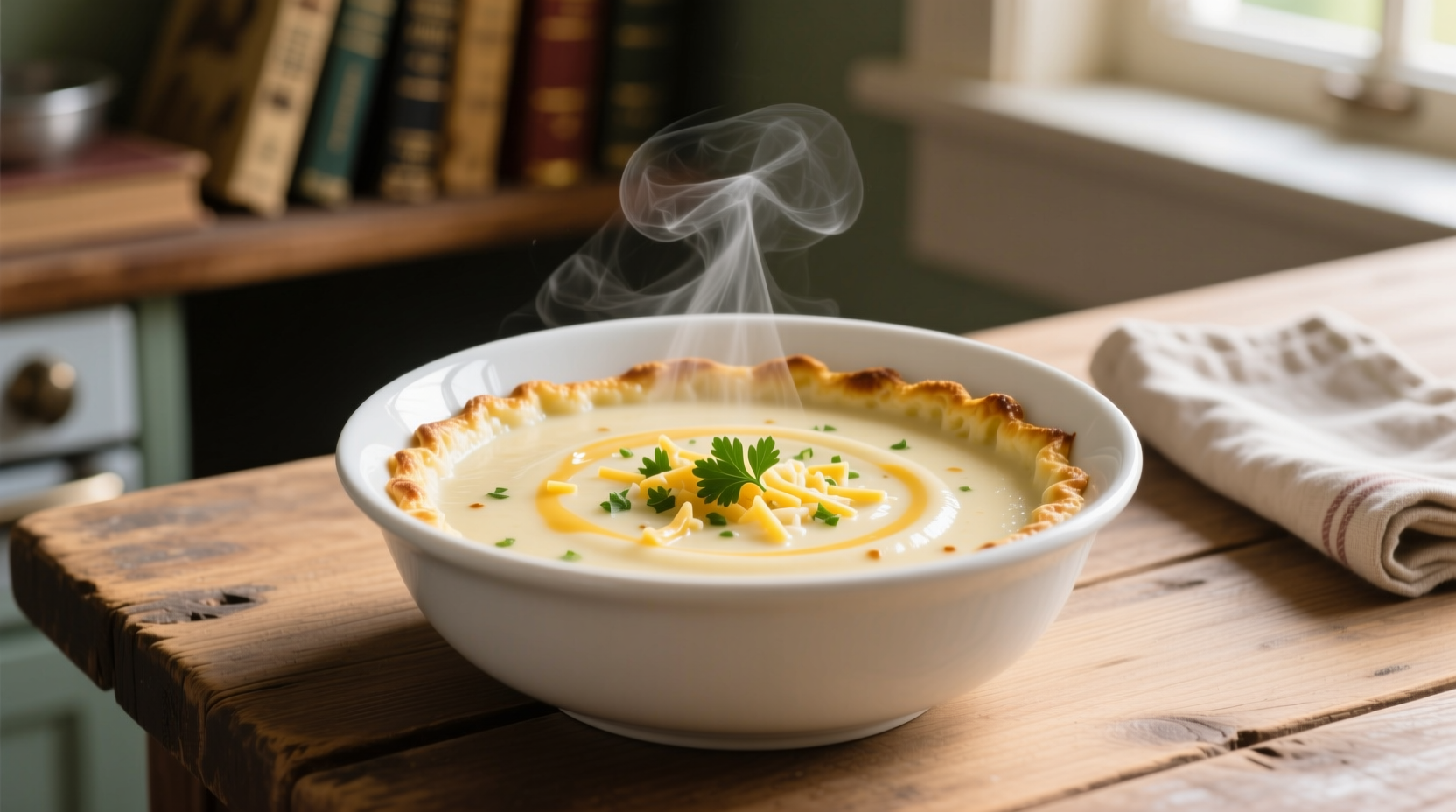 Creamy cauliflower cheese soup in white bowl
