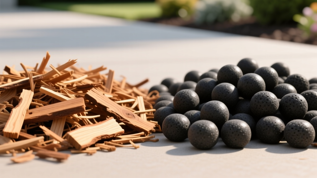 Close-up texture comparison showing porous shredded cedar wood mulch next to smooth, coated recycled rubber mulch nuggets