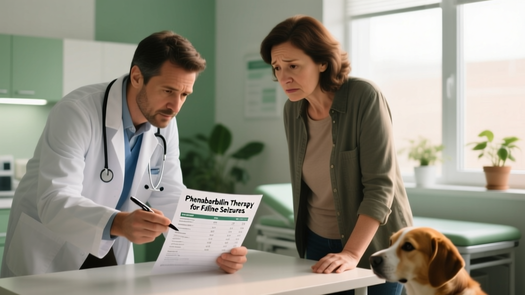 Veterinarian reviewing blood test results with a concerned pet owner, both looking at a printed lab report