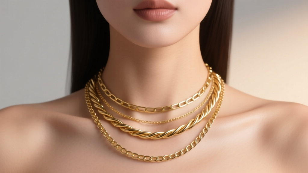 Close-up of a woman wearing layered 14k gold cable and box chain necklaces, highlighting the distinct spacing and lack of tangles