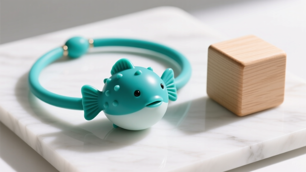 Teal food-grade silicone chew necklace shaped like a puffer fish resting on white marble next to a wooden sensory block.