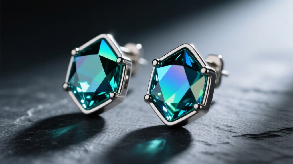 Macro shot of geometric dichroic glass fused earrings with blue-green shift, set in matte titanium bezels on dark slate