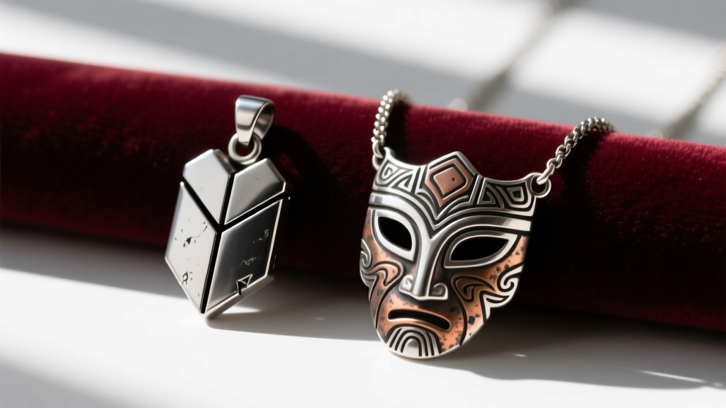 Macro comparison of a cheap zinc alloy gaming pendant and a high-quality oxidized sterling silver tribal mask necklace on velvet.