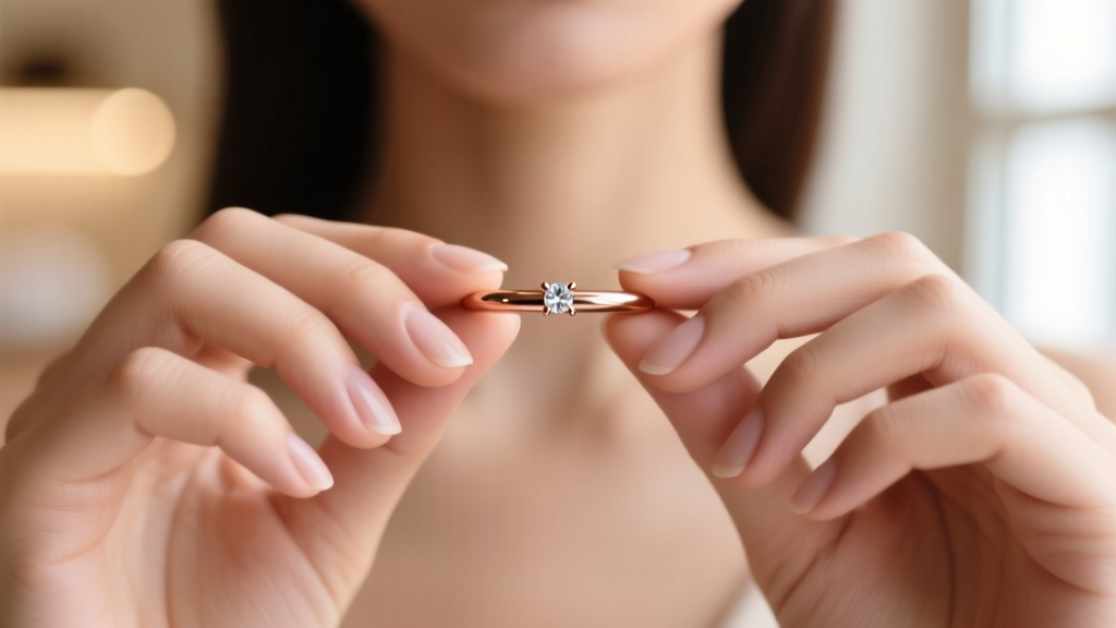 Hands holding a 16-gauge rose gold septum clicker ring with a small diamond accent against a soft, warmly lit blurred background