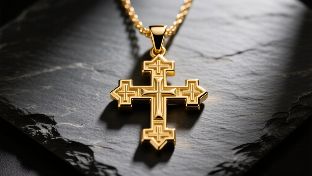 14k gold Jerusalem cross pendant on slate, showing the central cross potent and four smaller crosses under dramatic studio lighting.