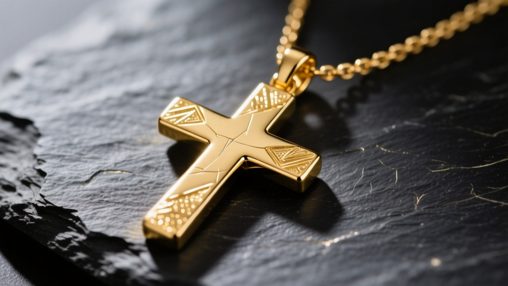 Close-up of a 24k gold cross necklace on dark slate, showing its rich yellow hue and delicate surface scratches from pure gold.