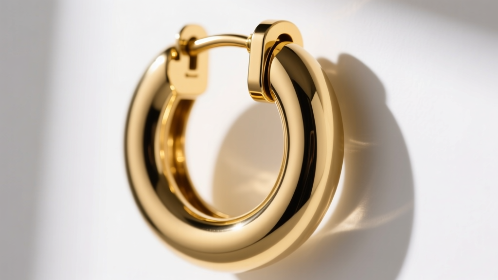 Macro shot of a secure V-latch clasp on a chunky gold hoop earring, highlighting the precision hinge and thick 16-gauge post.