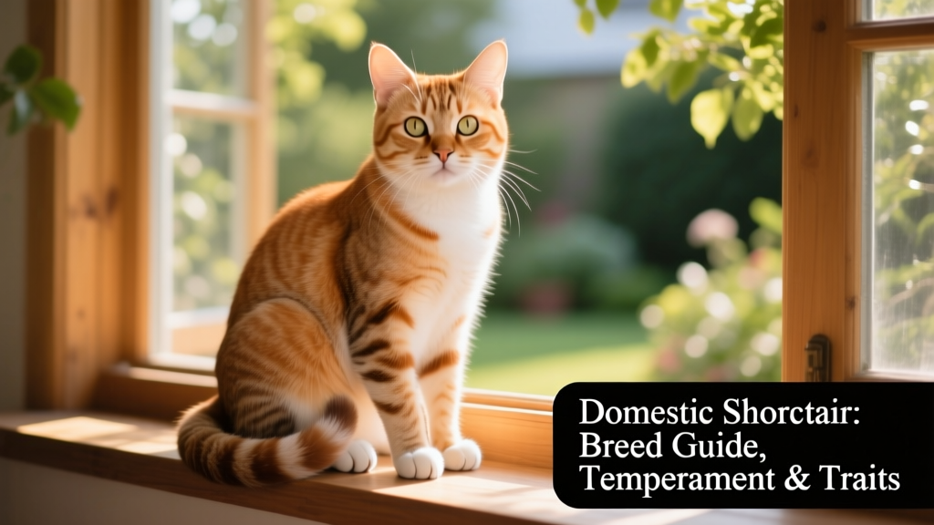 A friendly Domestic Shorthair cat sitting on a sunlit windowsill, tail curled neatly around its paws