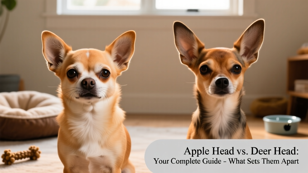 Side-by-side profile comparison showing the 90-degree forehead-to-muzzle angle of an apple head Chihuahua versus the gradual slope of a deer head Chihuahua