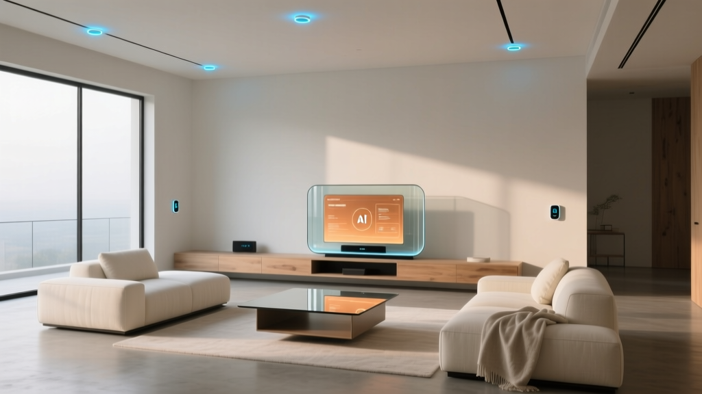 A modern minimalist living room featuring subtle glowing smart sensors on the ceiling and an AI hub resting on a sleek media console.