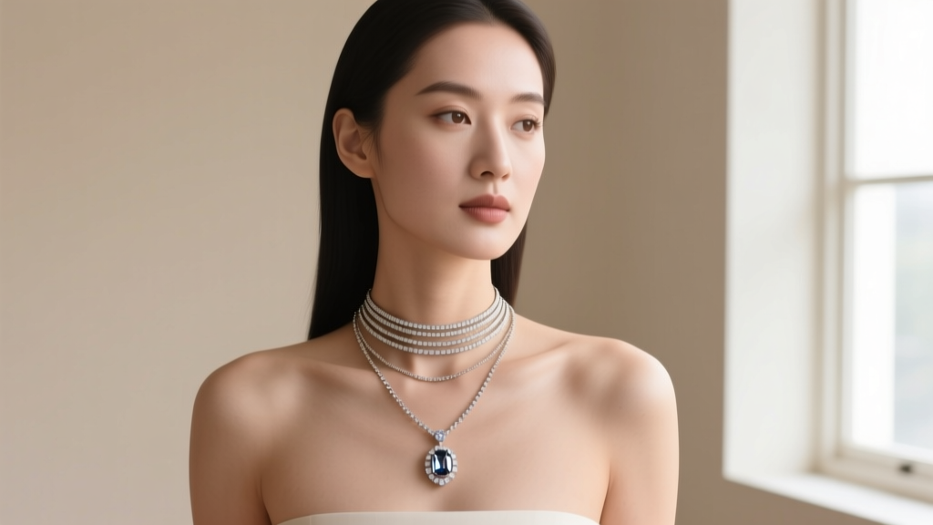 Woman wearing a layered necklace set with a 15 inch choker and an 18 inch pendant, captured against a neutral beige background