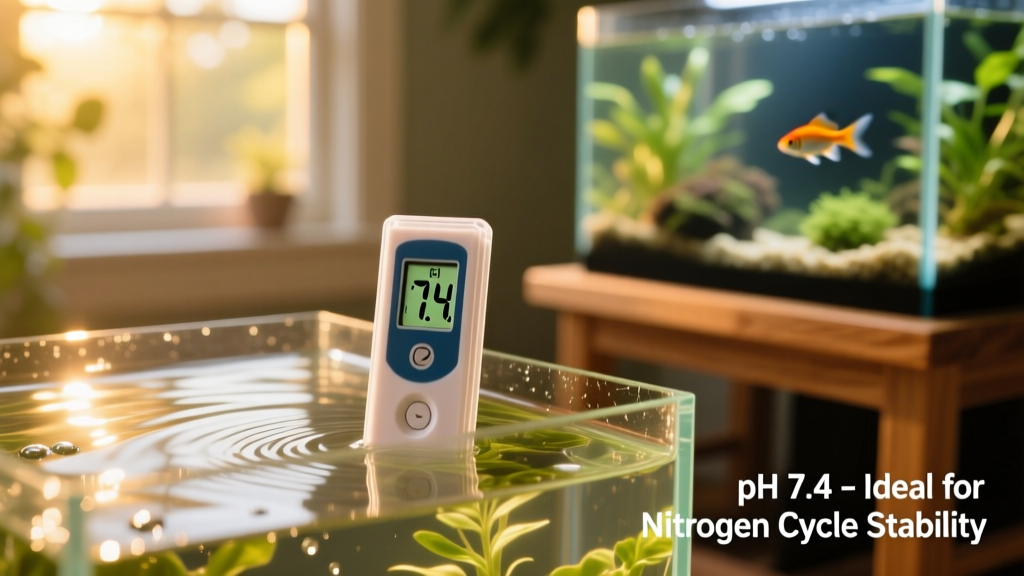 Close-up of aquarium water with test kit showing pH reading