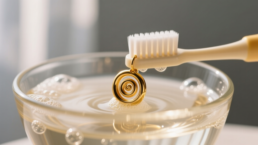 A soft-bristled baby toothbrush gently scrubbing a delicate 18k gold spiral earring submerged in a glass bowl of warm soapy water.