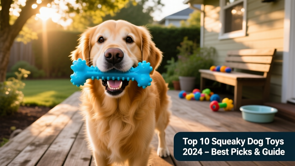 A golden retriever happily holding a bright blue squeaky bone toy in its mouth