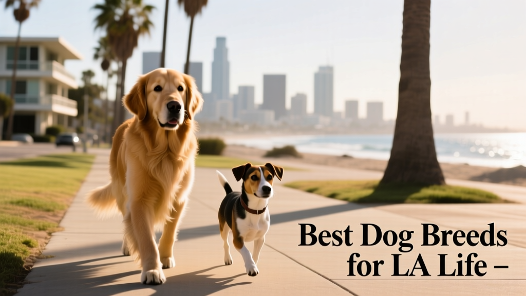 A golden retriever and a small mixed-breed dog walking side-by-side on a sunny LA sidewalk with palm trees in the background