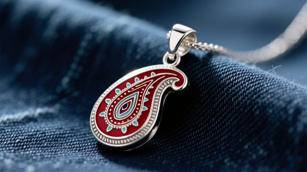 Close-up of a sterling silver pendant with deep red champlevé enamel bandana paisley motif resting on dark denim fabric.