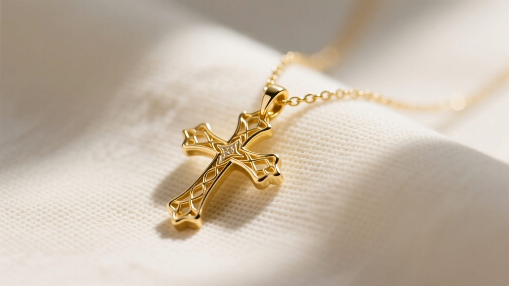 Close-up of a delicate 14k yellow gold little cross necklace resting on textured cream linen fabric, soft natural window lighting.