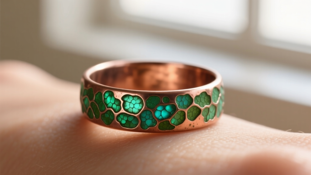 Macro shot showing distinct green copper chelate patina forming on the inner band of an unsealed vintage copper ring against skin