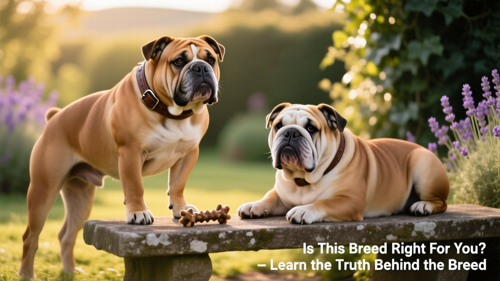 Side-by-side comparison image showing the lean, athletic build of the historic Old English Bulldog versus the compact, wrinkled form of today's English Bulldog