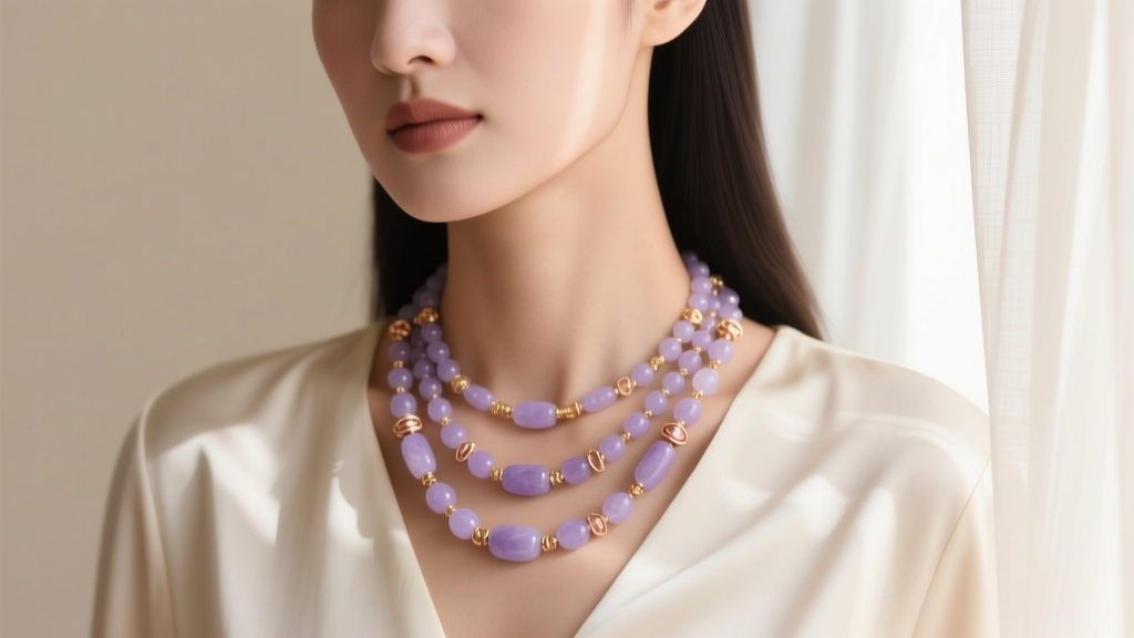 Close-up of a woman wearing a layered lavender jadeite and rose gold necklace set against a soft cream silk blouse in natural light