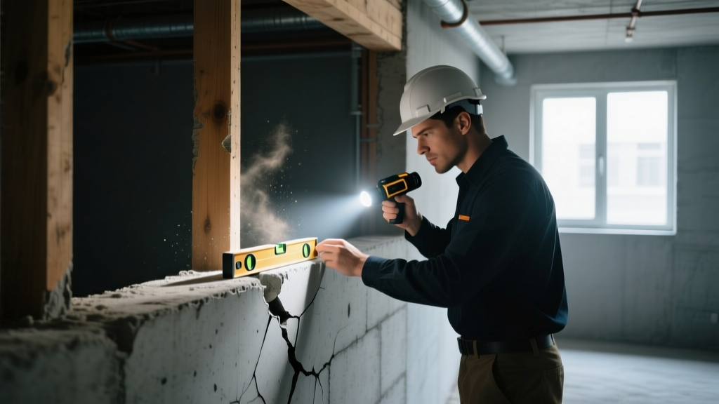 Engineer inspecting a cracked concrete perimeter foundation wall with a laser level and flashlight in a dimly lit residential basement