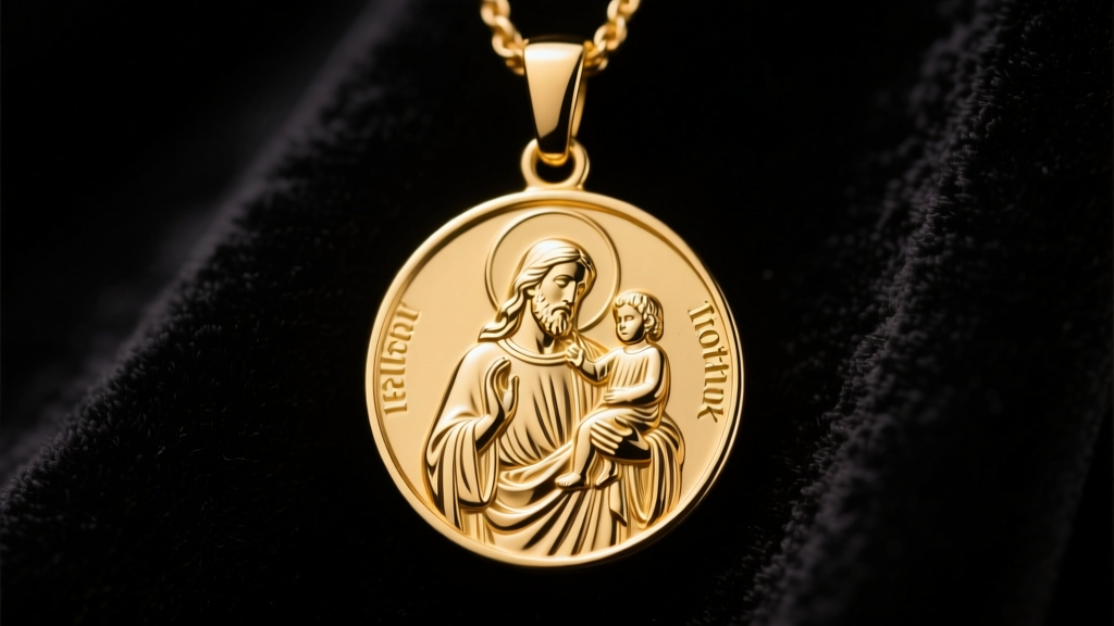 Close-up of a polished 14k yellow gold St Christopher medal pendant on dark velvet, illuminated by soft warm studio lighting.
