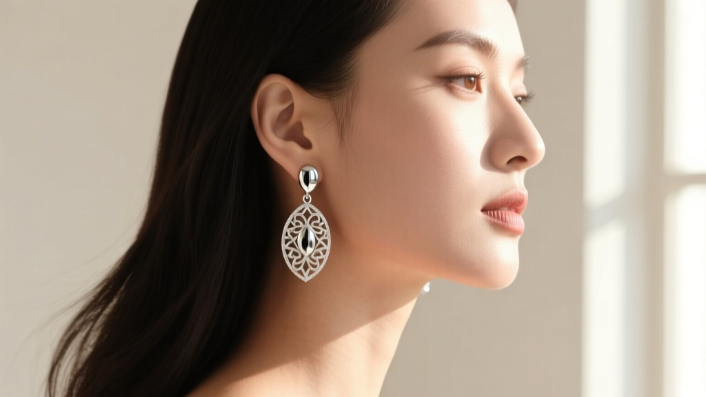 Side profile of a woman wearing 925 silver drop earrings, soft sunlight highlighting the highly polished metal finish and details