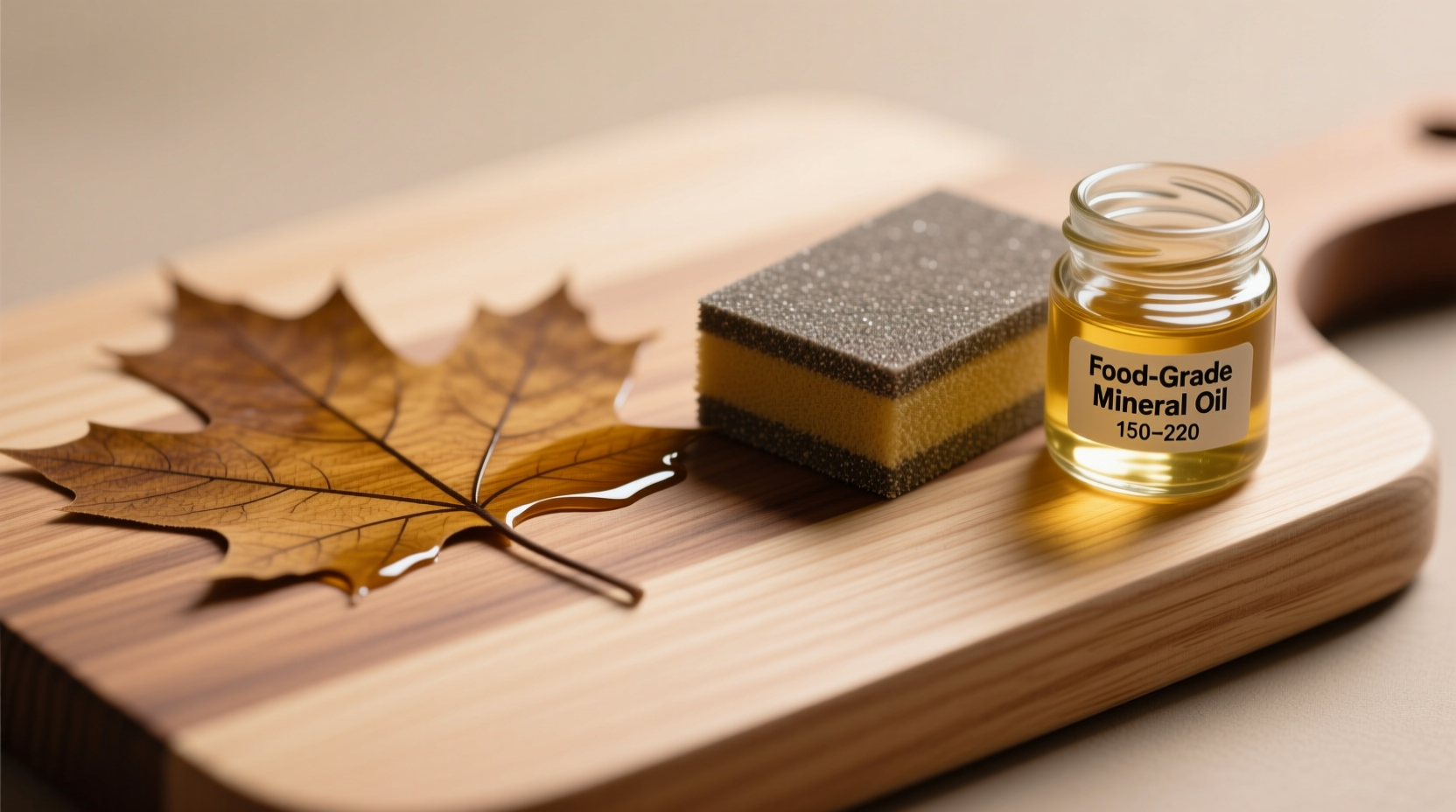 Close-up of a well-maintained maple cutting board showing smooth, even grain with subtle oil sheen; beside it, a fine-grit sanding block and small jar of food-grade mineral oil