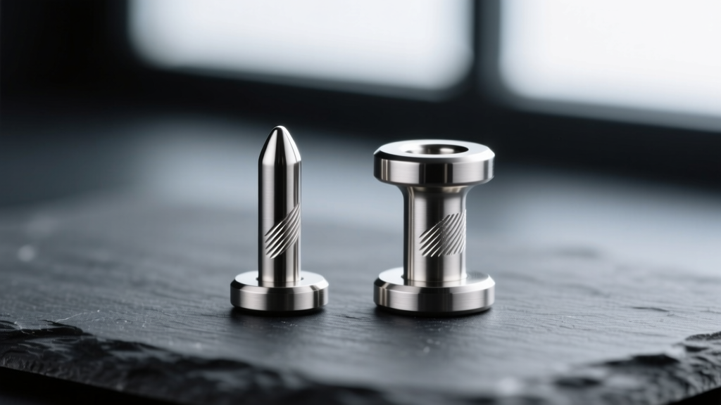 Macro photo of two titanium labret studs side-by-side, showing the thickness difference between an 18g and 16g post on dark slate.
