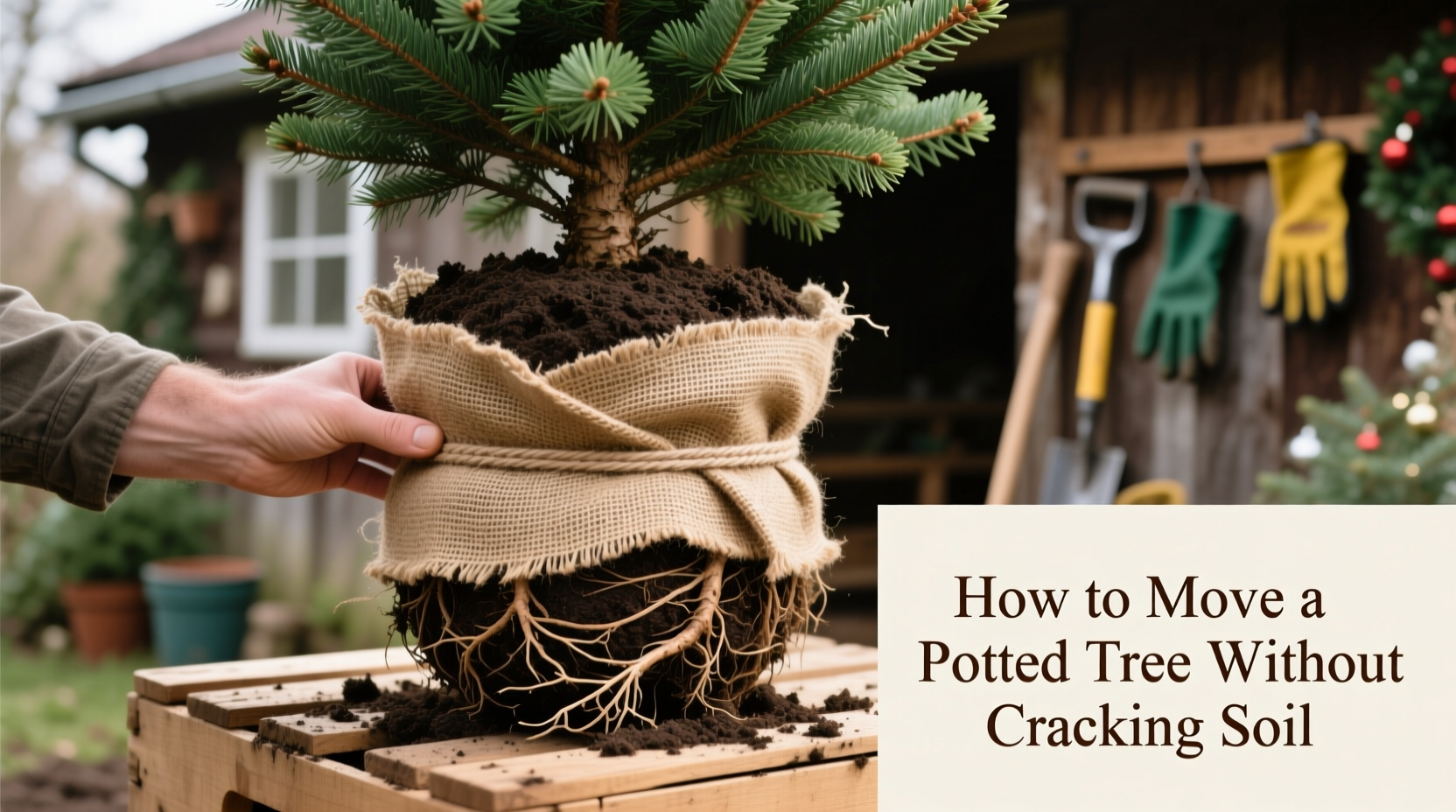 christmas tree root ball wrapping tutorial how to move a potted tree without cracking soil