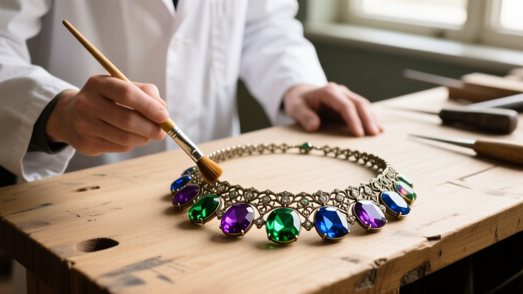 Jeweler using a soft brush to clean foil-backed glass stones of an antique Victorian collar necklace on a wooden workbench surface