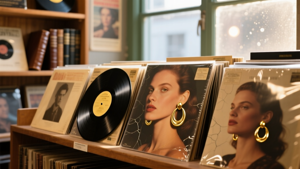 Vinyl records in a vintage shop showing album covers with prominent gold hoop earrings, illuminated by warm, nostalgic lighting.