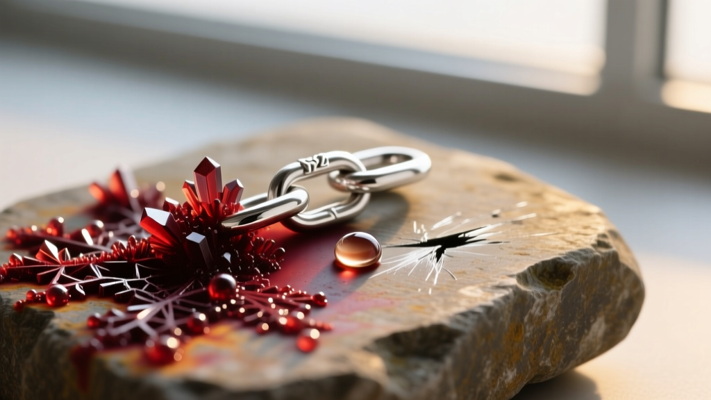 Macro shot of a dark red chemical reaction on a testing stone after applying silver acid to a scraped 925 sterling silver link.