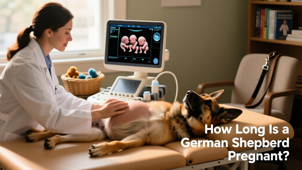Veterinarian performing an ultrasound on a pregnant German Shepherd to monitor puppy development