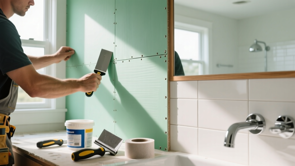 Close-up of contractor installing green-faced mold tough gypsum board in a bright residential bathroom, joint tools nearby