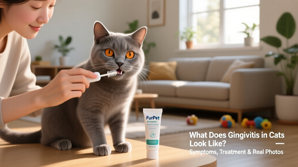 Cat owner gently brushing their cat's teeth using a small finger brush and FurPetVo enzymatic toothpaste