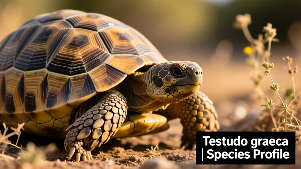Close-up portrait of a Greek tortoise (Testudo graeca) showing its distinctive scaly legs and patterned carapace