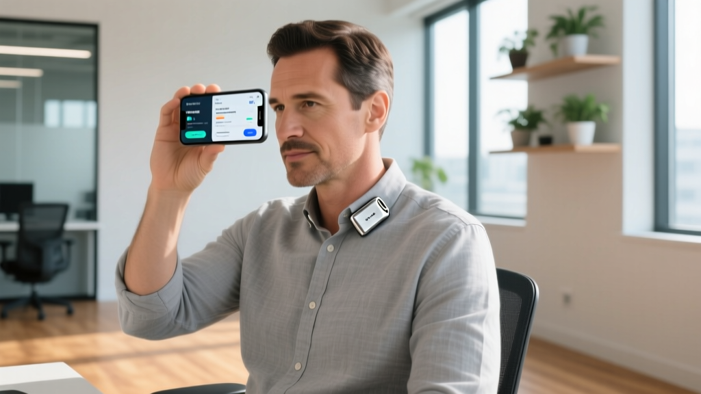 Adult using a Plaud NotePin AI wearable clipped to a shirt collar while reviewing digital meeting summaries on a smartphone screen