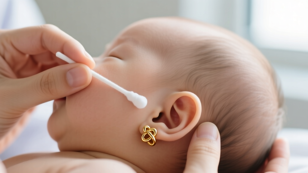 Hands gently cleaning an infant earlobe with a sterile saline swab, focusing on a small gold knot earring in soft daylight