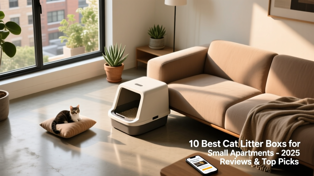 Top-down view of a sleek, compact litter box tucked neatly beside a small sofa in a modern studio apartment