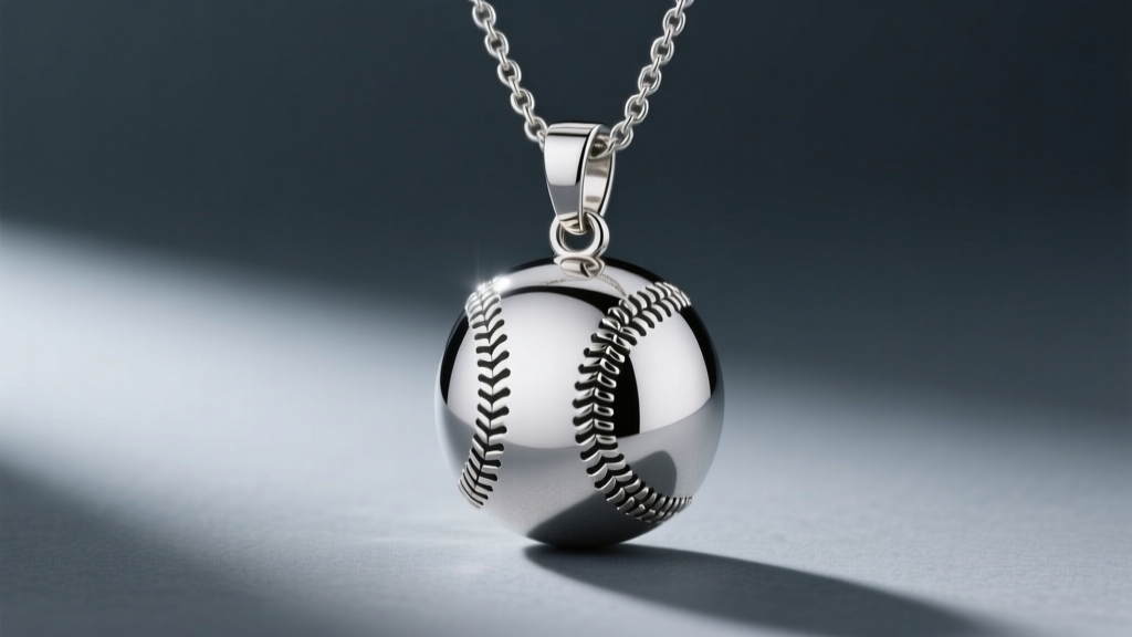 Sterling silver baseball balance necklace pendant hanging flat, showing raised seams and an offset bail on dark slate.