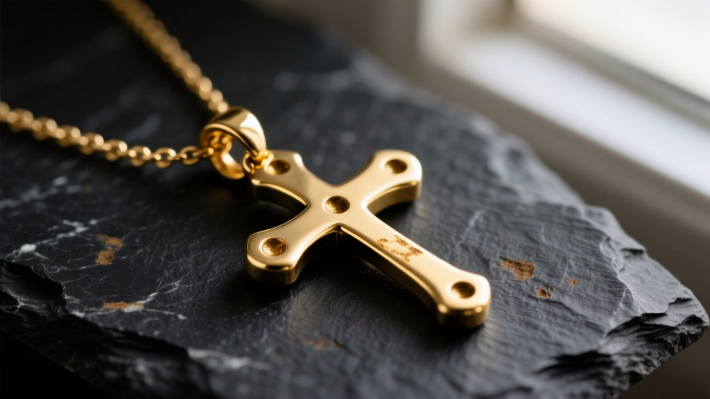 Macro shot of a gold-plated brass Stella Dot cross necklace on dark slate, showing subtle tarnish near the small lobster clasp