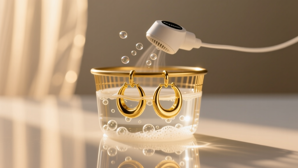 Small ultrasonic cleaner vibrating a basket of gold hoop earrings in a soapy water bath under warm, soft studio lighting.