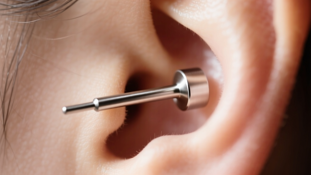 Close-up of a single 16-gauge implant-grade titanium labret stud in the right ear lobe, illuminated by soft warm studio lighting
